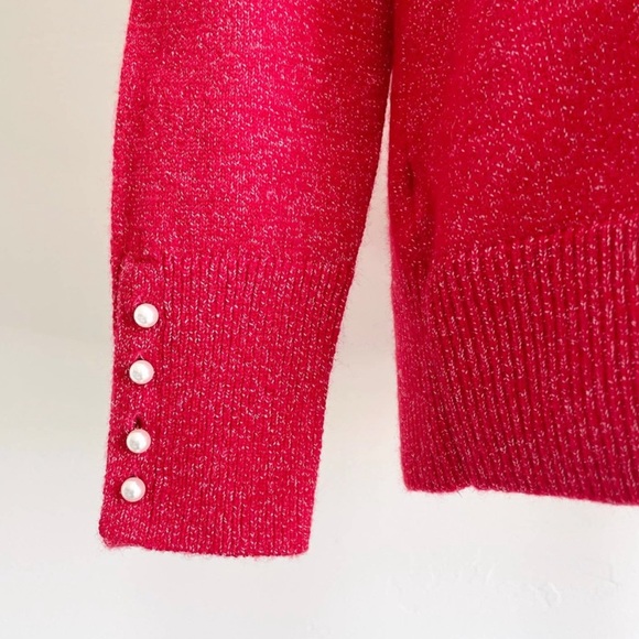 Loft Red Pearl Button Cuff Holiday Red Knit Sweater NWT - Picture 2 of 7